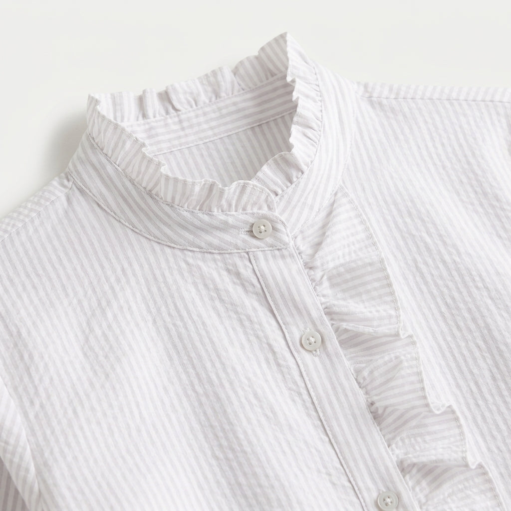 Women's Ruffle Trim Button-Up Blouse – Striped Seersucker