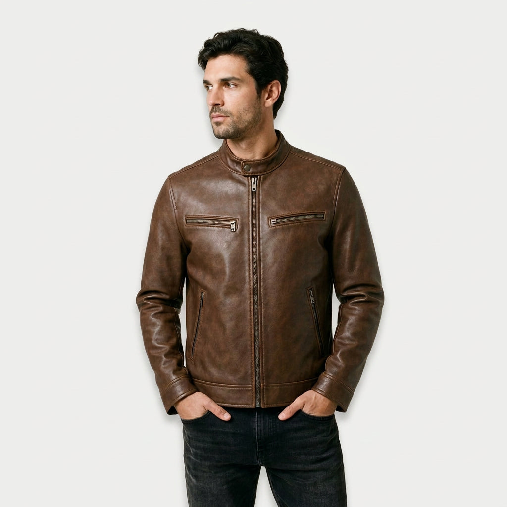 Men's Fitted Faux Leather Jacket – Zip Pockets