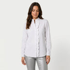 Women's Ruffle Trim Button-Up Blouse – Striped Seersucker