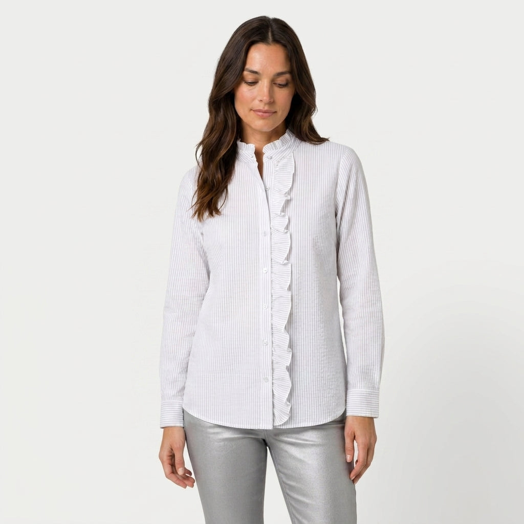 Women's Ruffle Trim Button-Up Blouse – Striped Seersucker