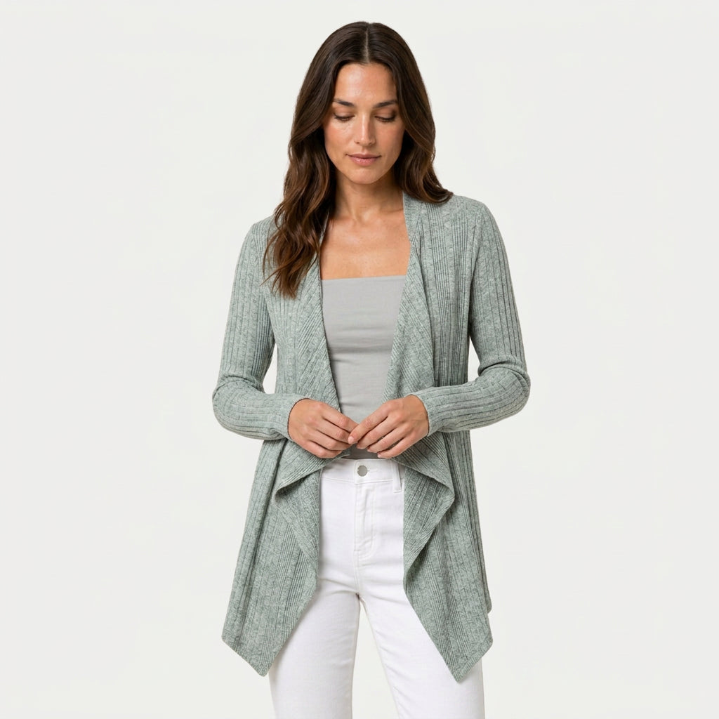 Women's Waterfall Cardigan – Ribbed Knit, Draped Front