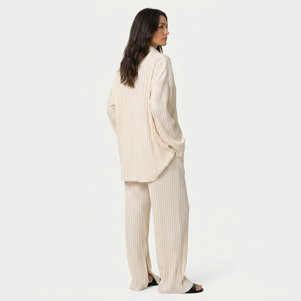 Women's Ribbed Co-Ord Set – Oversized Shirt, Wide-Leg Pants