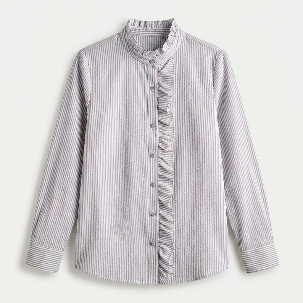 Women's Ruffle Trim Button-Up Blouse – Striped Seersucker