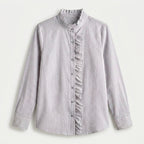 Women's Ruffle Trim Button-Up Blouse – Striped Seersucker