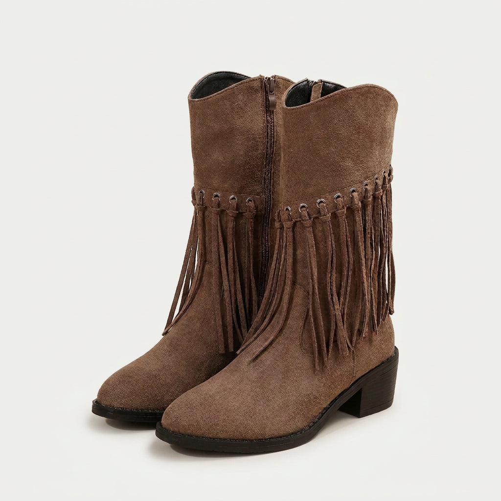 Women's Suede Fringed Mid-Calf Boot – Block Heel