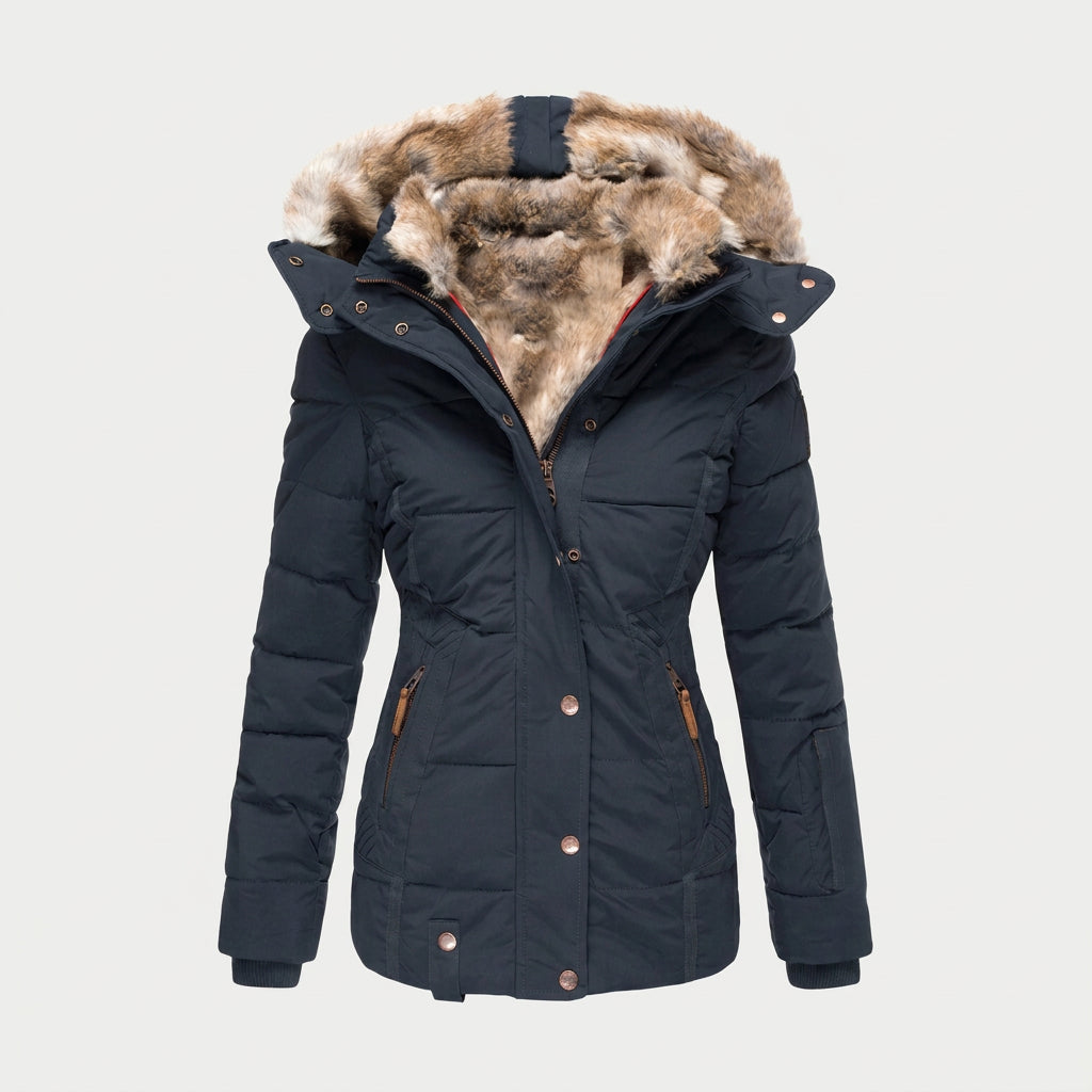 Women's Quilted Puffer Coat – Fur-Trimmed Hood, Mid-Thigh Length