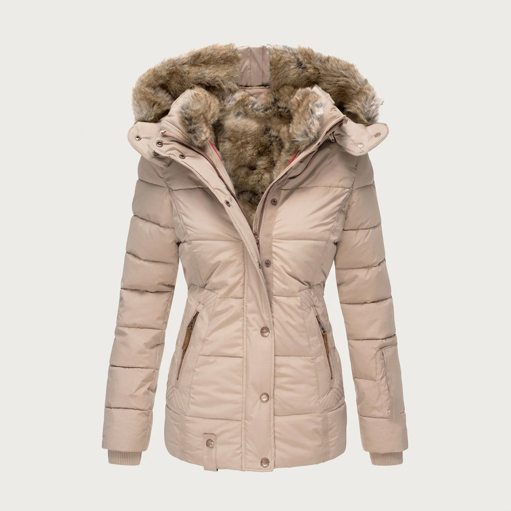 Women's Quilted Puffer Coat – Fur-Trimmed Hood, Mid-Thigh Length