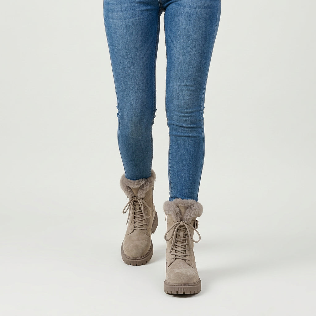Women's Fuzzy Cuff Lace-Up Combat Boot – Platform Sole