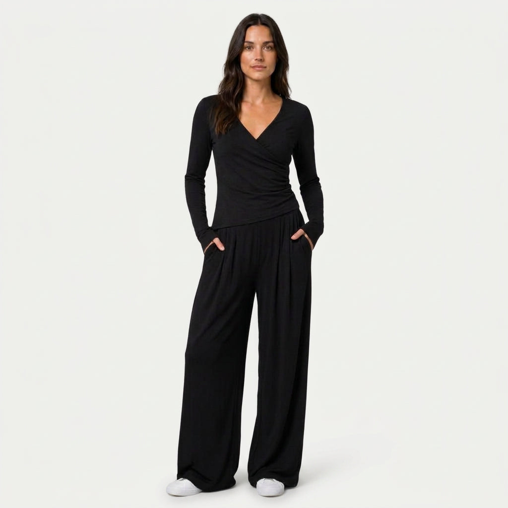Women's Wrap Top & Wide-Leg Trouser Co-Ord Set – Pleated