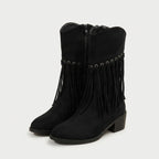 Women's Suede Fringed Mid-Calf Boot – Block Heel