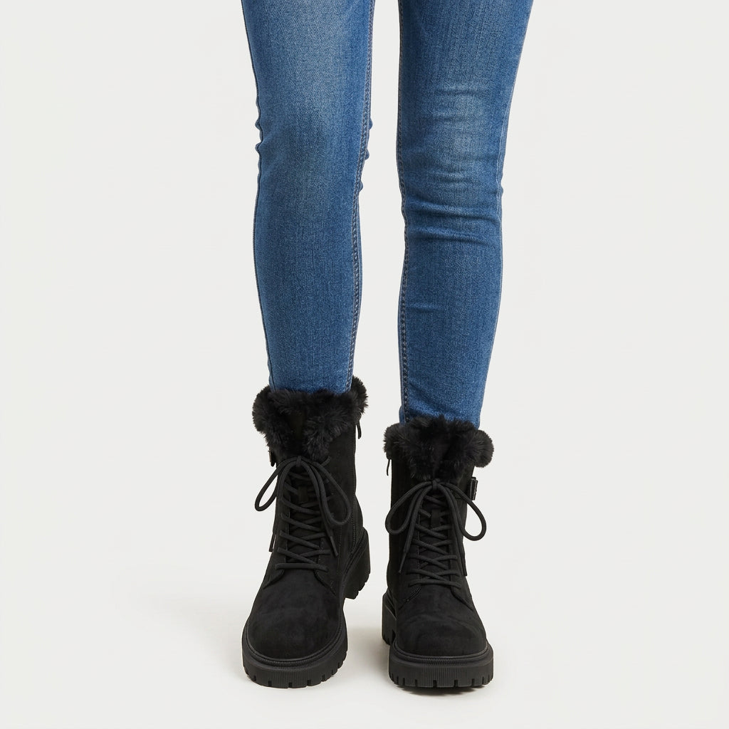 Women's Fuzzy Cuff Lace-Up Combat Boot – Platform Sole