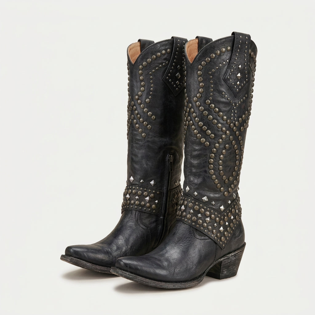 Women's Leather Studded Western Knee Boot – Block Heel