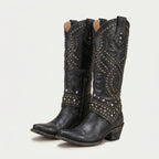 Women's Leather Studded Western Knee Boot – Block Heel