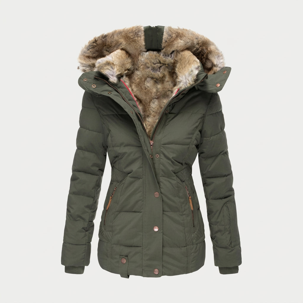 Women's Quilted Puffer Coat – Fur-Trimmed Hood, Mid-Thigh Length