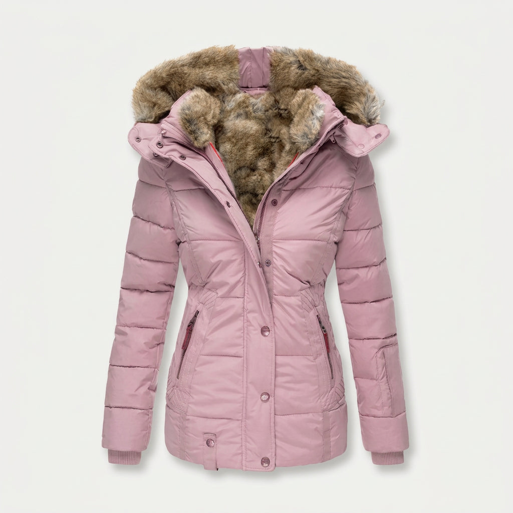 Women's Quilted Puffer Coat – Fur-Trimmed Hood, Mid-Thigh Length