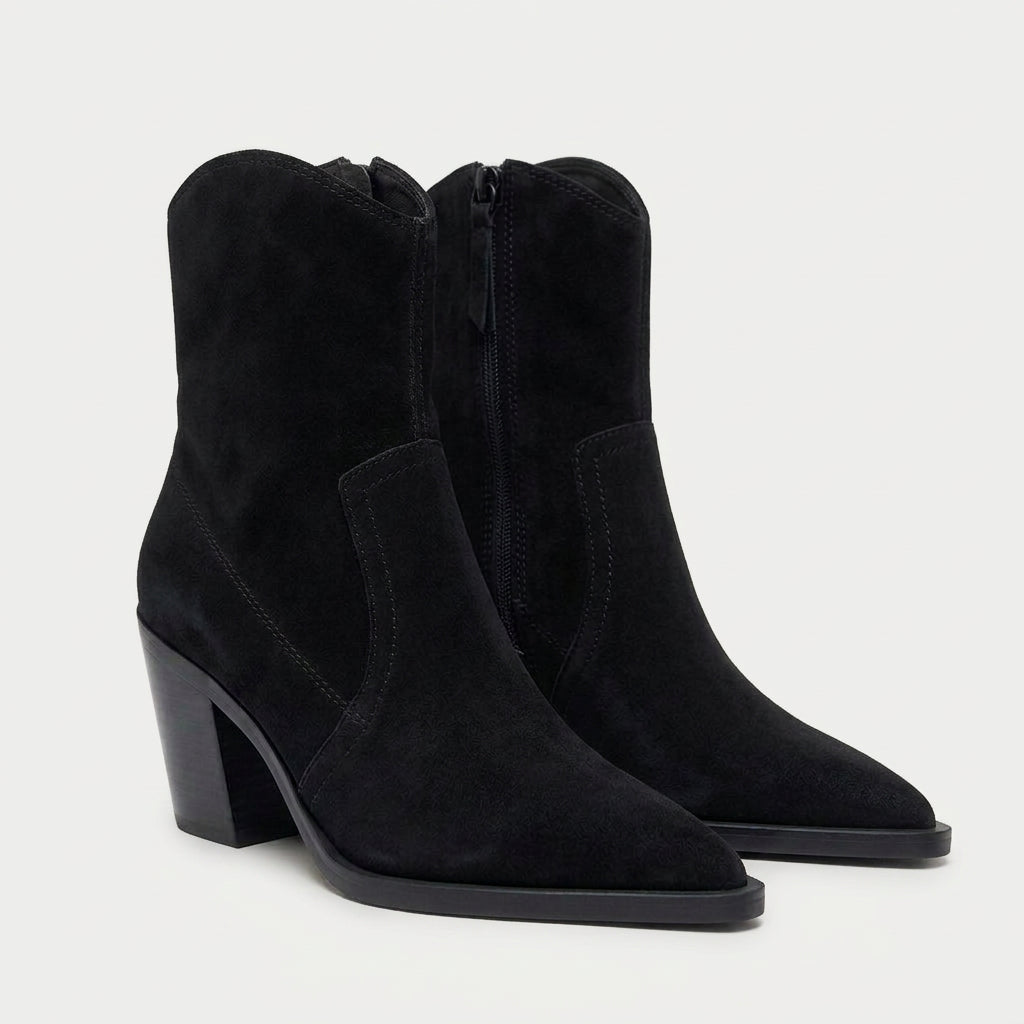 Women's Suede Pointed-Toe Block Heel Boot – Ankle Height