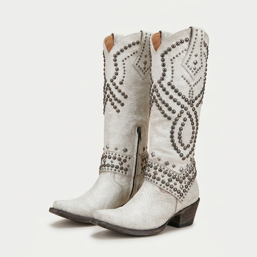 Women's Leather Studded Western Knee Boot – Block Heel