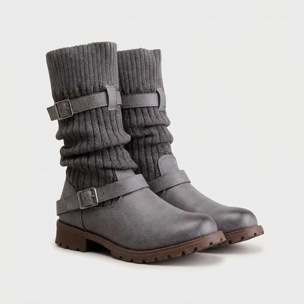 Women's Buckled Knit Cuff Mid-Calf Boot – Lug Sole