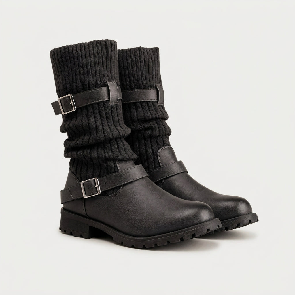 Women's Buckled Knit Cuff Mid-Calf Boot – Lug Sole