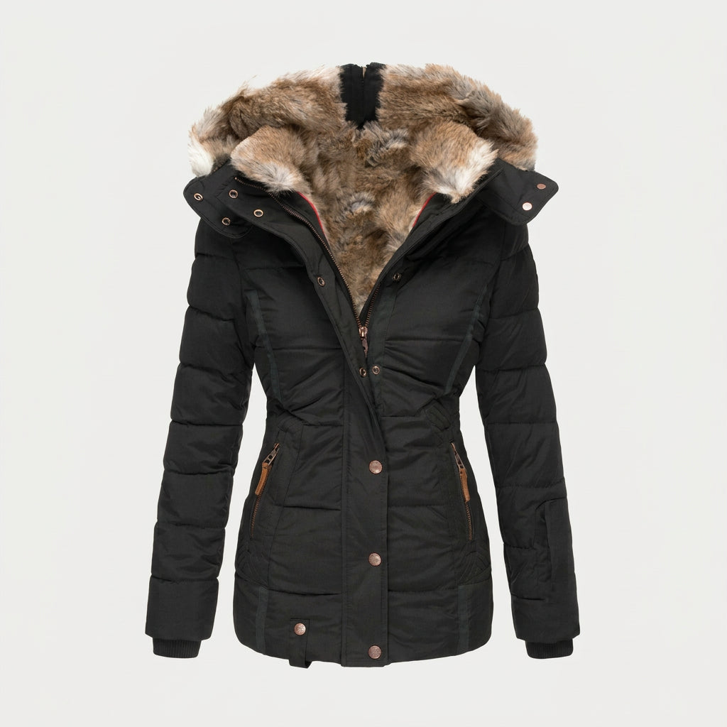 Women's Quilted Puffer Coat – Fur-Trimmed Hood, Mid-Thigh Length