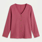 Women's Cotton Gauze Button-Up Blouse – V-Neck