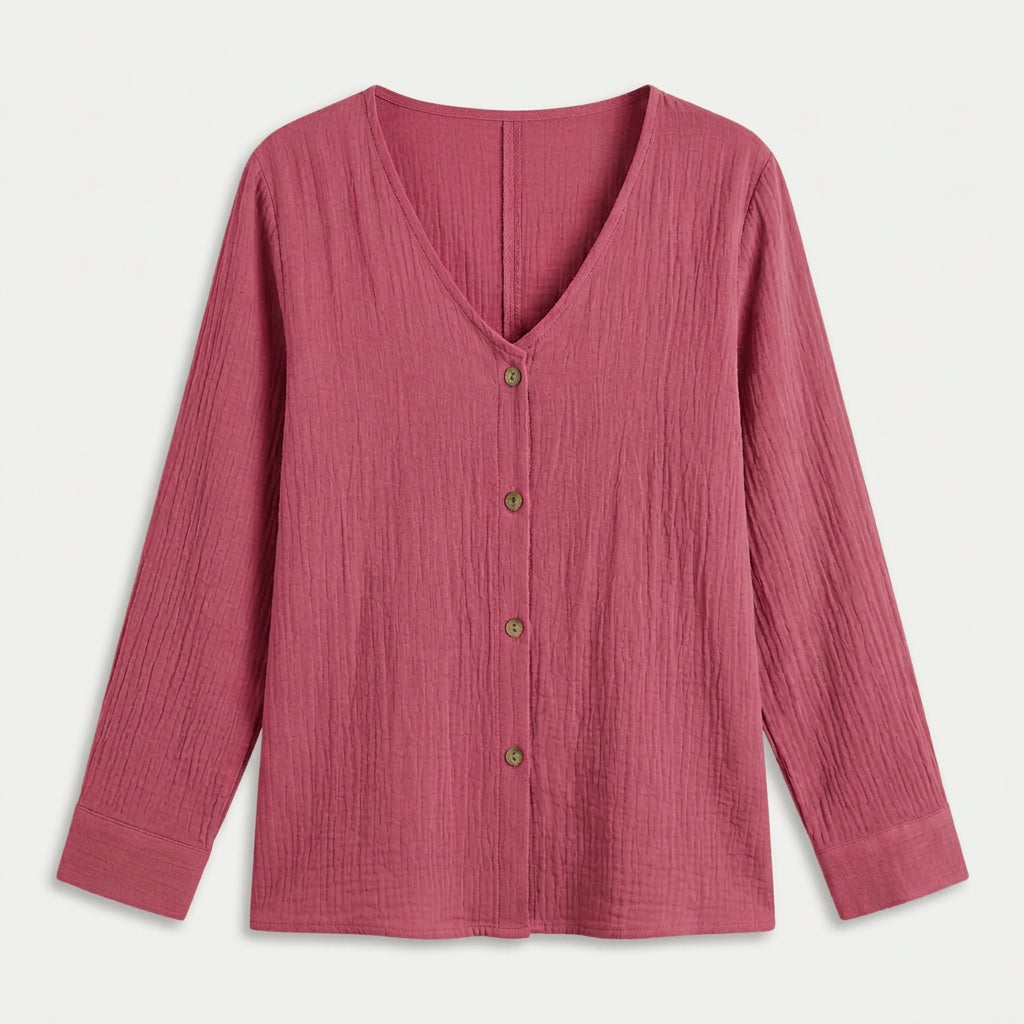 Women's Cotton Gauze Button-Up Blouse – V-Neck