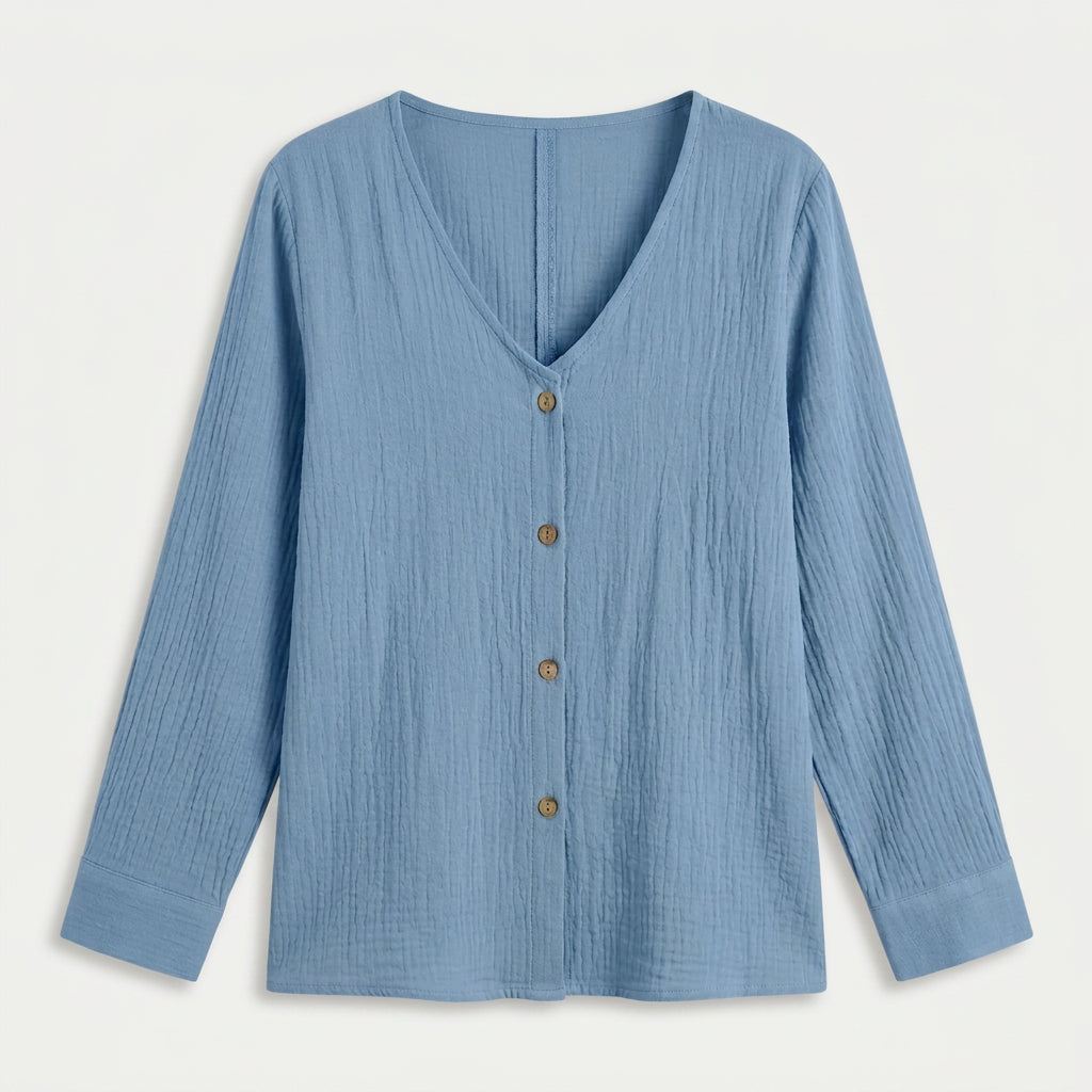 Women's Cotton Gauze Button-Up Blouse – V-Neck