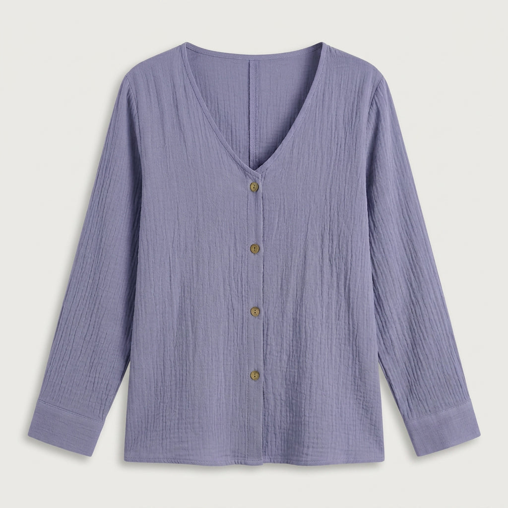 Women's Cotton Gauze Button-Up Blouse – V-Neck