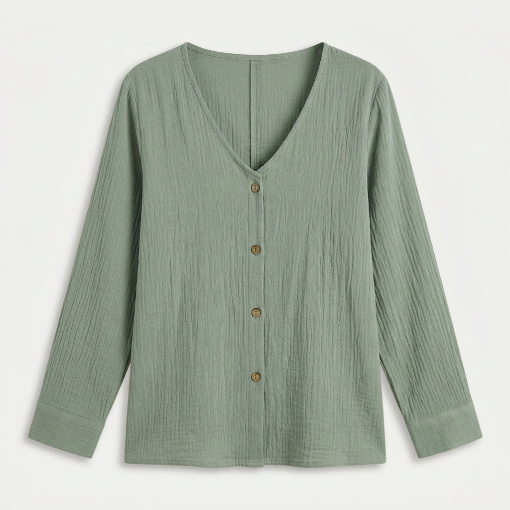 Women's Cotton Gauze Button-Up Blouse – V-Neck