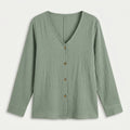 Women's Cotton Gauze Button-Up Blouse – V-Neck