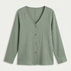 Women's Cotton Gauze Button-Up Blouse – V-Neck