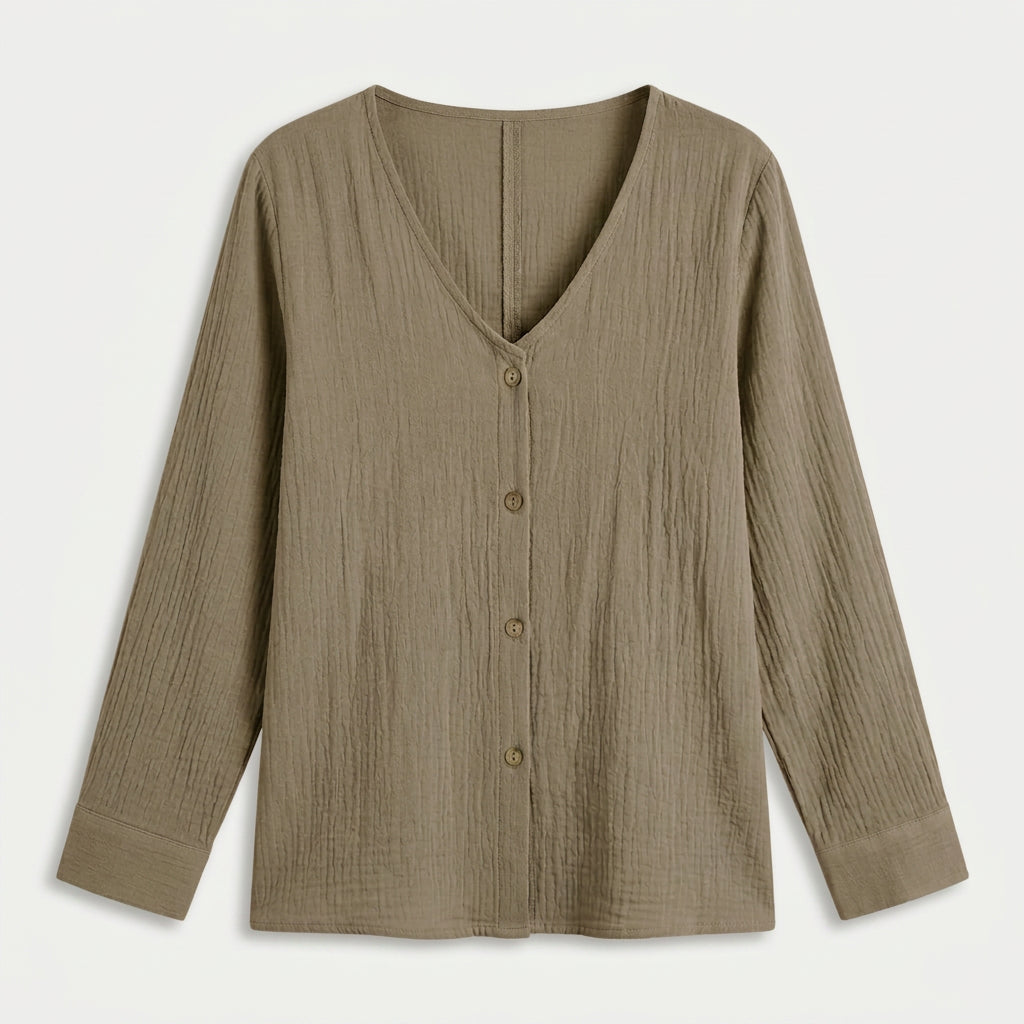 Women's Cotton Gauze Button-Up Blouse – V-Neck