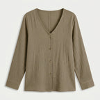 Women's Cotton Gauze Button-Up Blouse – V-Neck