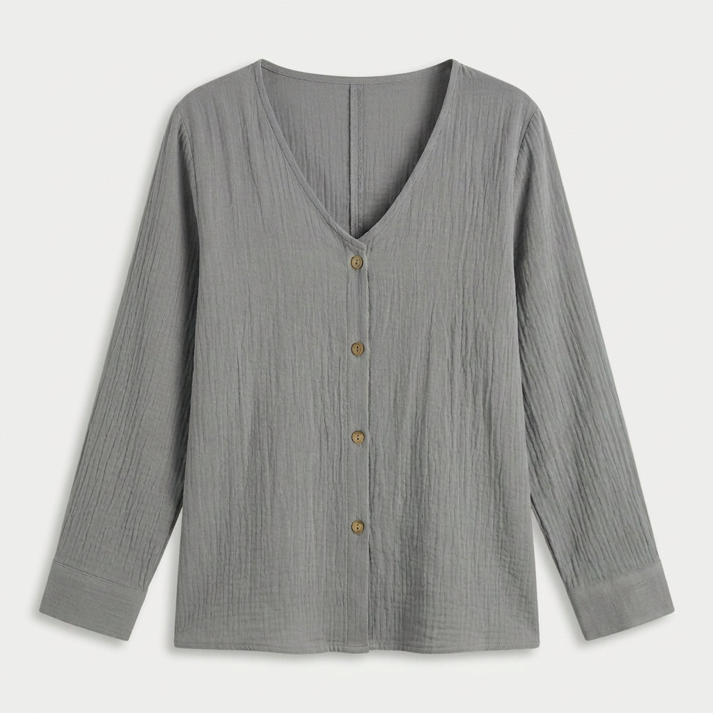 Women's Cotton Gauze Button-Up Blouse – V-Neck