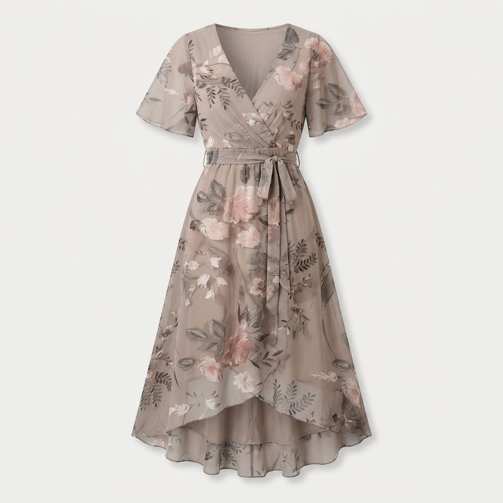 Women's Flutter Sleeve Floral Wrap Midi Dress – Tie Waist