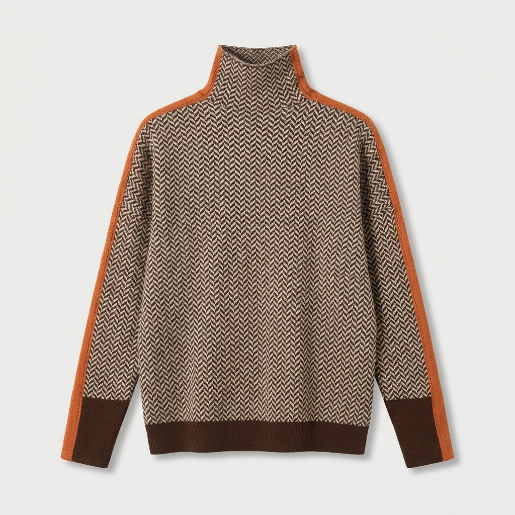 Women's Herringbone Funnel Neck Sweater – Sporty Stripe, Color-Block Trims