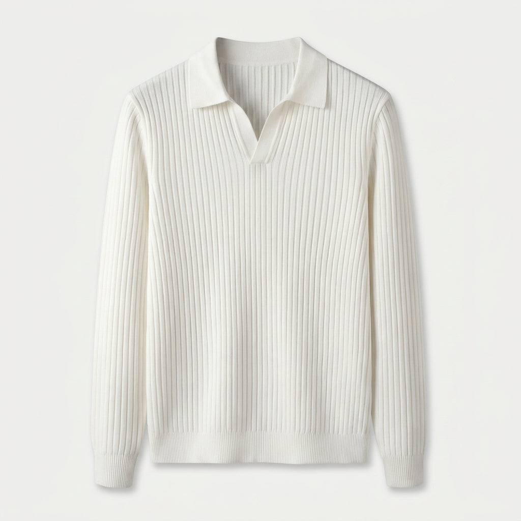 Men's Ribbed Knit Polo Sweater – Open Collar