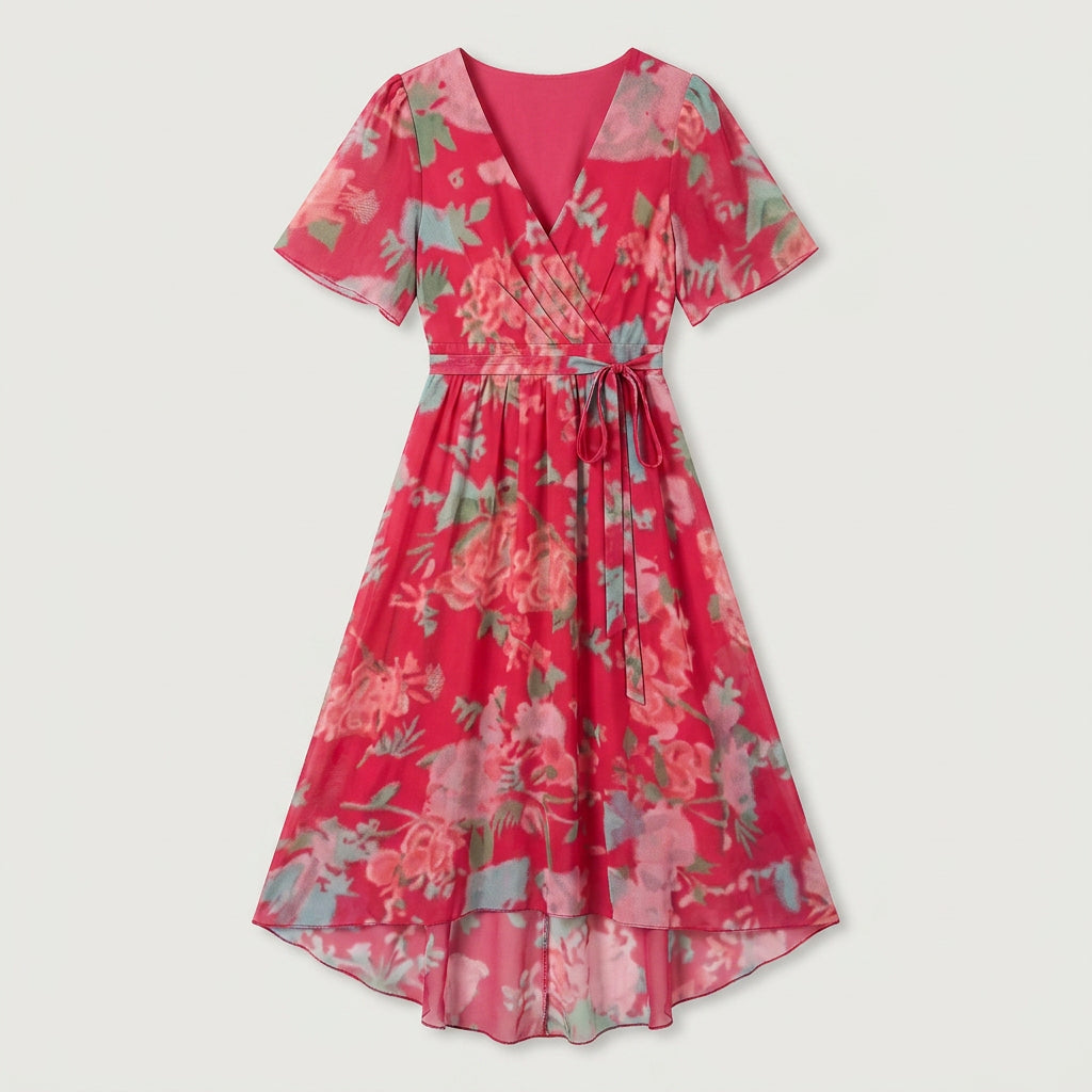 Women's Flutter Sleeve Floral Wrap Midi Dress – Tie Waist