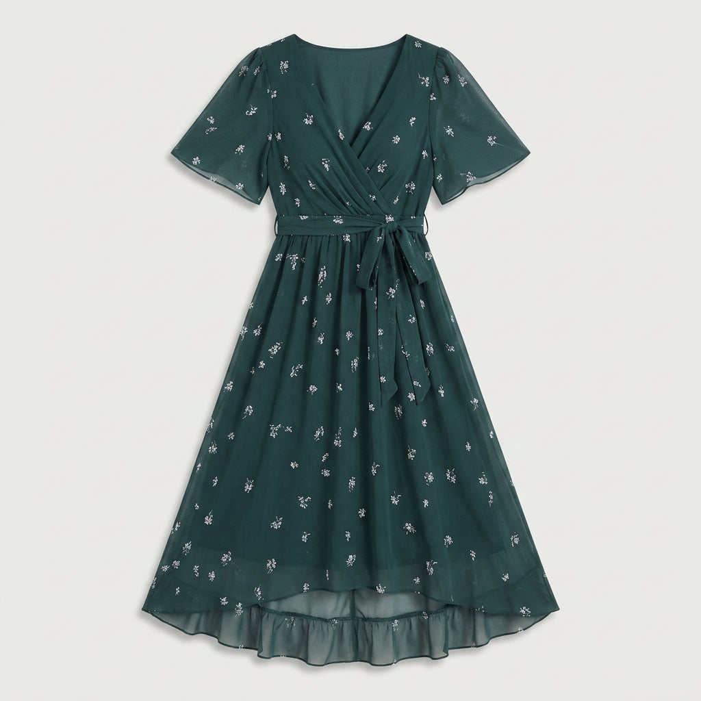 Women's Flutter Sleeve Floral Wrap Midi Dress – Tie Waist