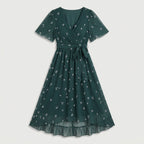Women's Flutter Sleeve Floral Wrap Midi Dress – Tie Waist