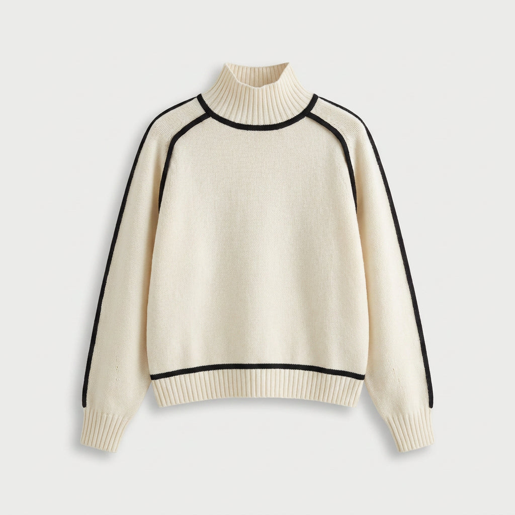 Women's Relaxed Fit Turtleneck Sweater – Contrast Piping, Ribbed Trims