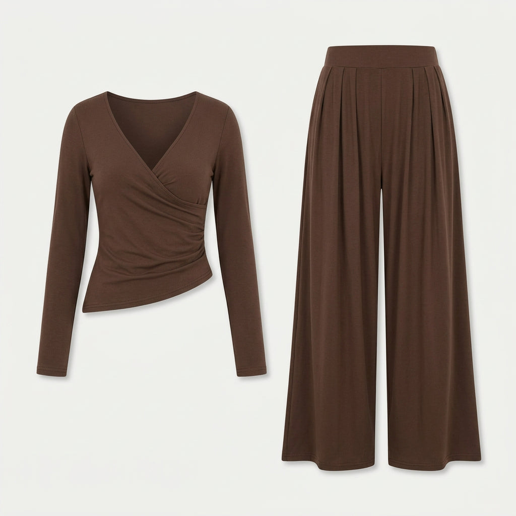 Women's Wrap Top & Wide-Leg Trouser Co-Ord Set – Pleated