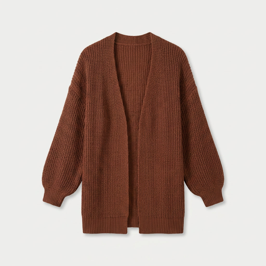 Women's Chunky Knit Cardigan – Open Front, Balloon Sleeve