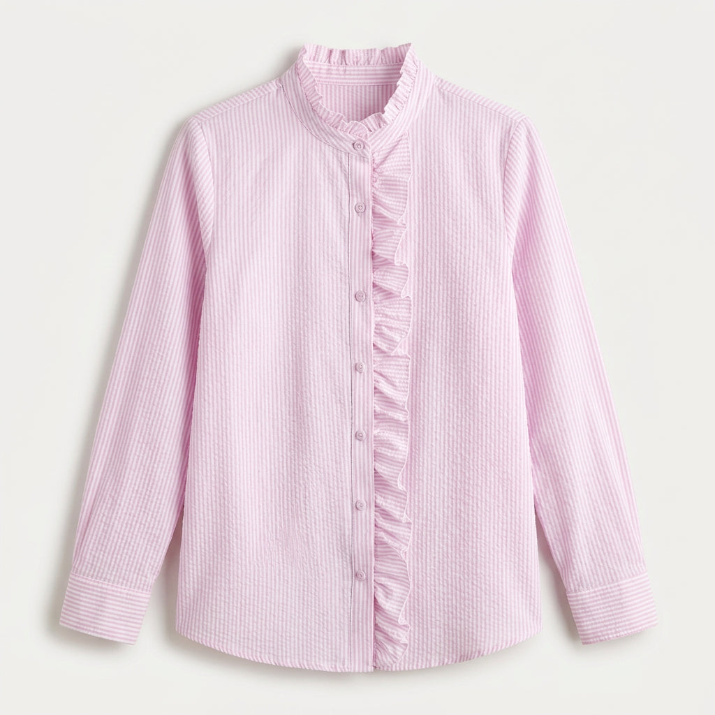 Women's Ruffle Trim Button-Up Blouse – Striped Seersucker