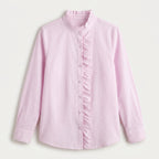 Women's Ruffle Trim Button-Up Blouse – Striped Seersucker