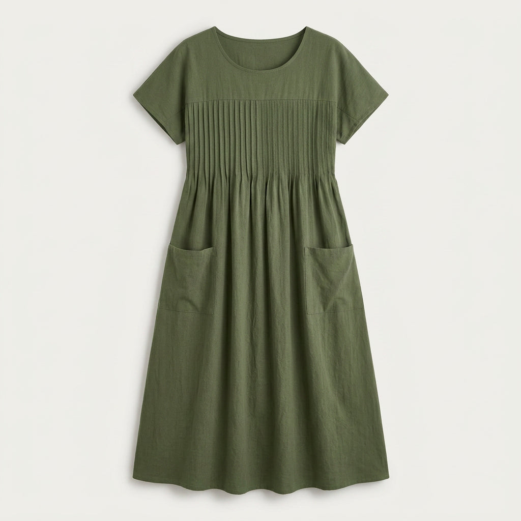 Women's Short Sleeve Pintuck Midi Dress – Pockets