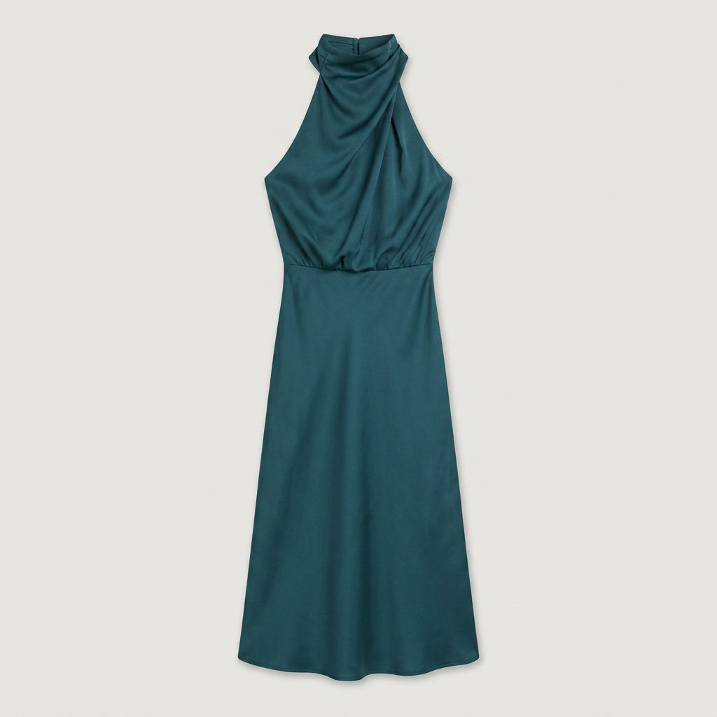 Women's Satin Halter Midi Dress – High Neck