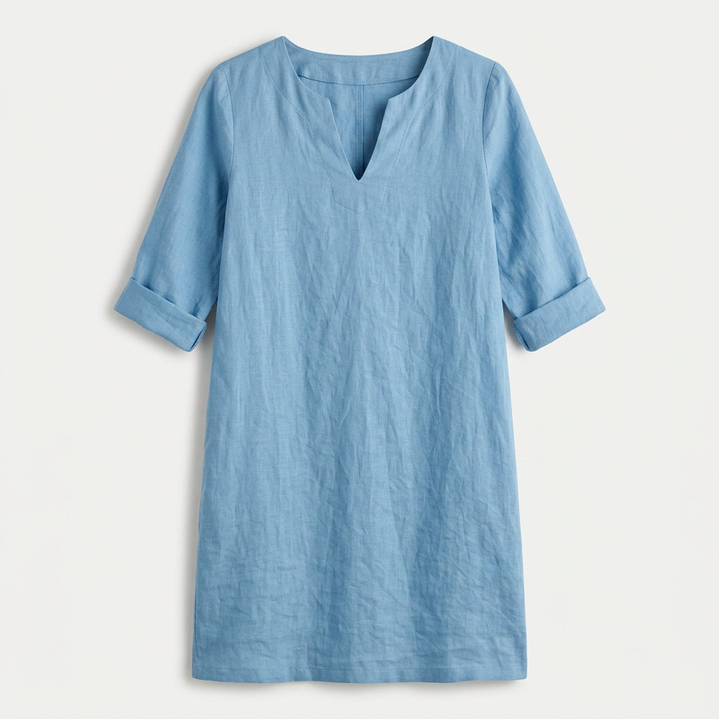 Women's Elbow Sleeve Linen Tunic Dress – V-Neck
