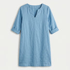 Women's Elbow Sleeve Linen Tunic Dress – V-Neck