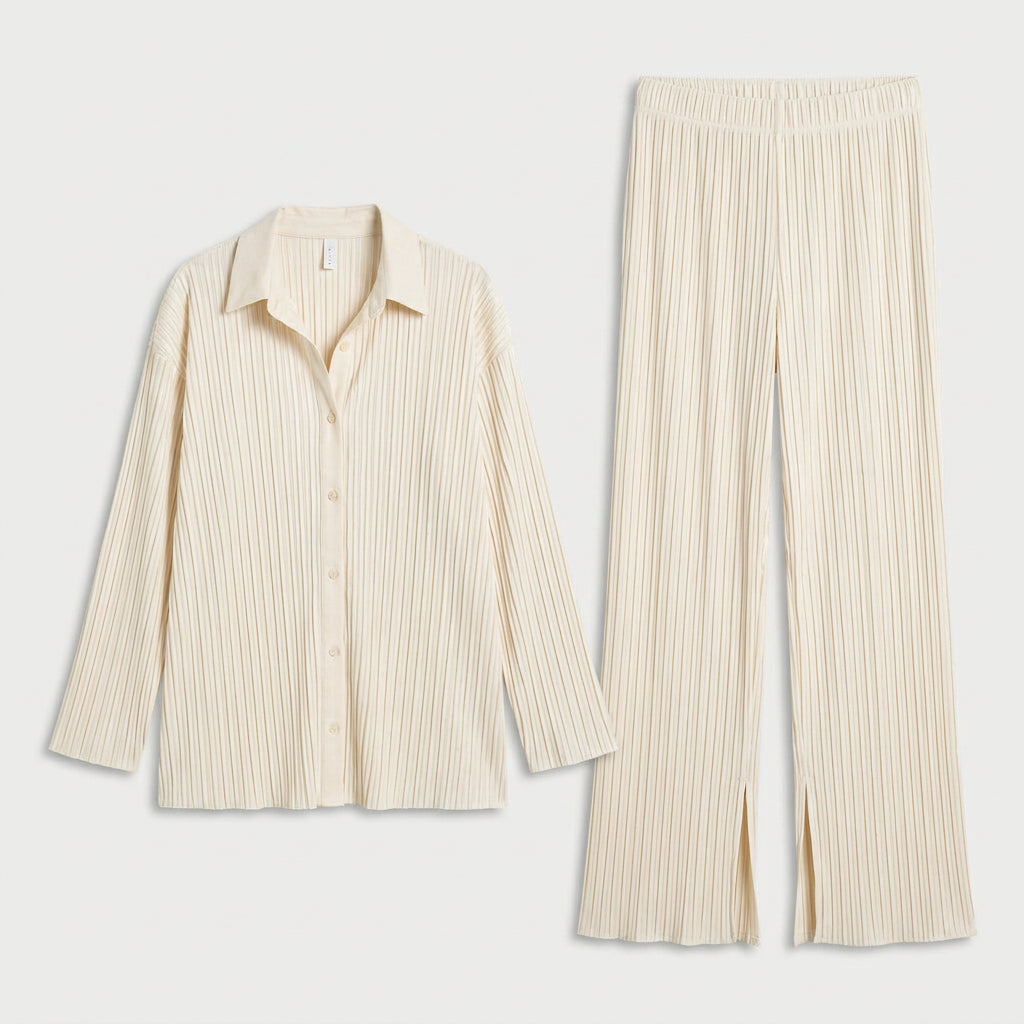 Women's Ribbed Co-Ord Set – Oversized Shirt, Wide-Leg Pants